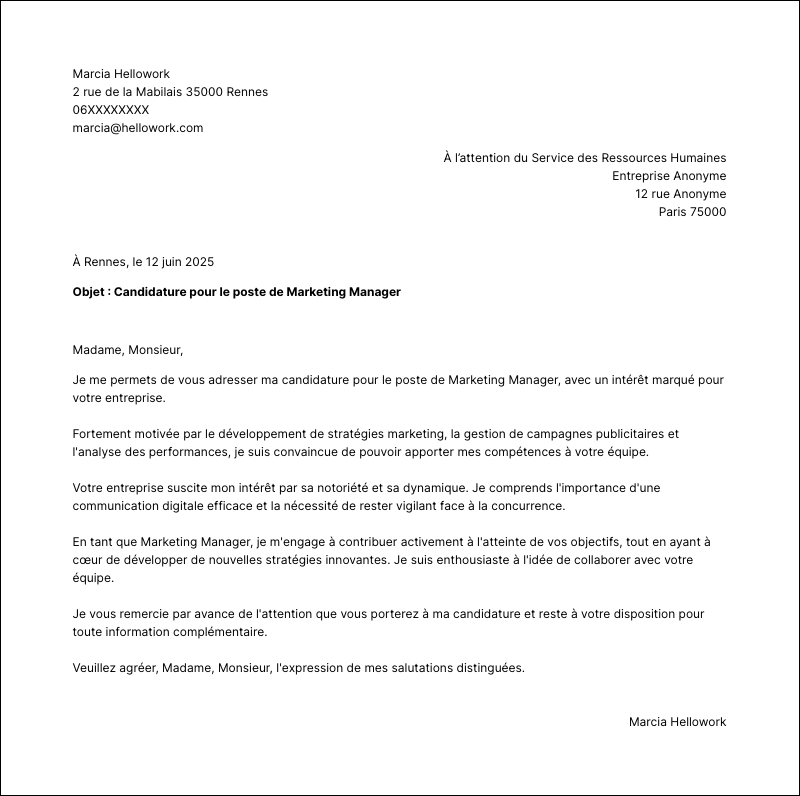 Modèle lettre de motivation Marketing manager Exemple lettre de motivation Marketing manager