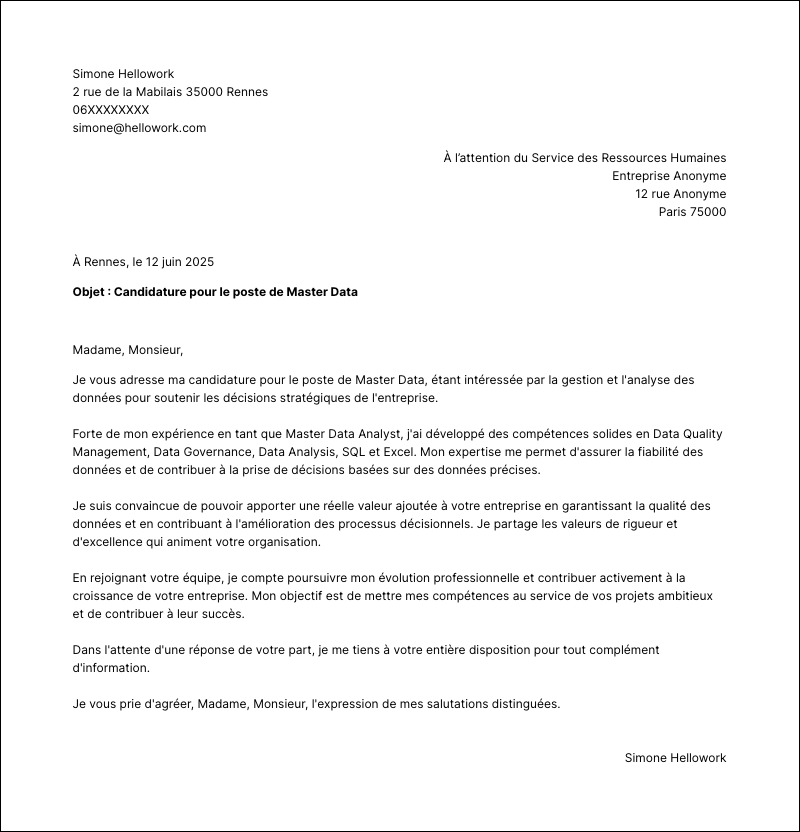 Exemple lettre de motivation Master data