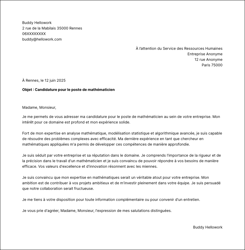 Modèle lettre de motivation Mathématicien Exemple lettre de motivation Mathématicien