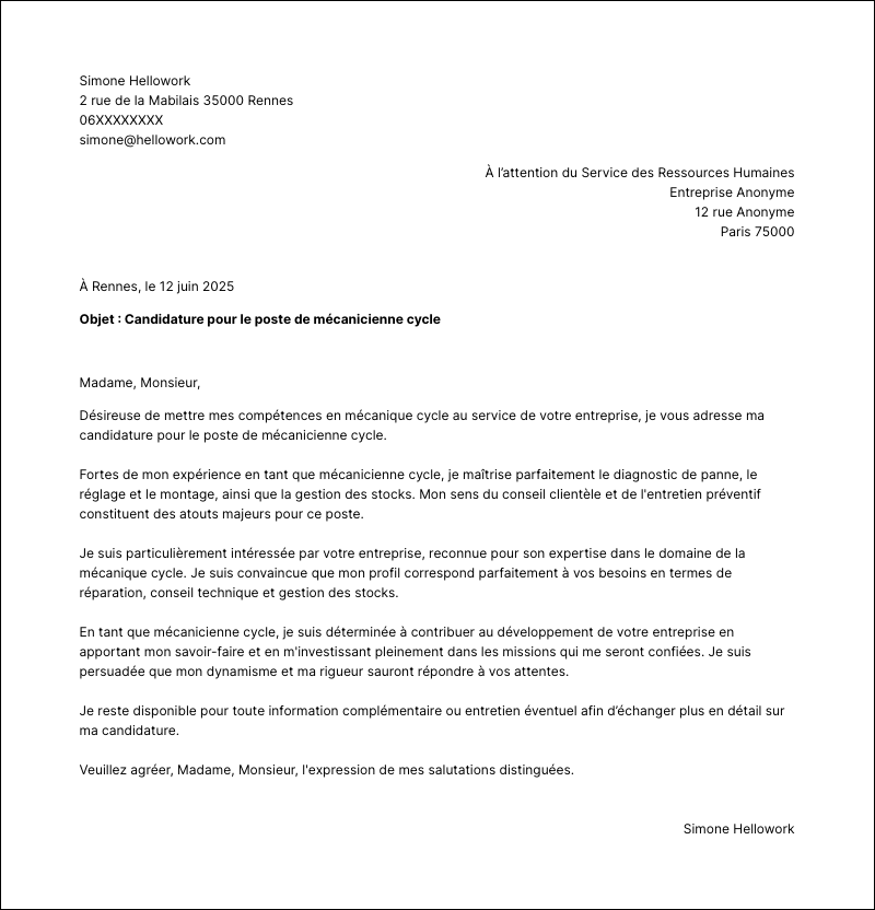 Exemple lettre de motivation Mécanicien cycle