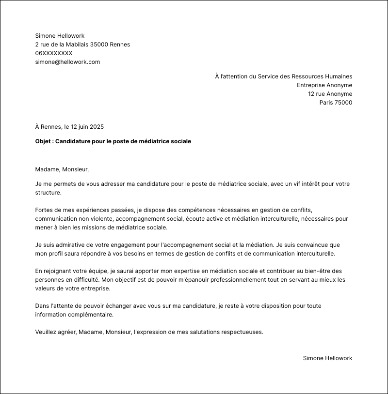Modèle lettre de motivation Médiateur social Exemple lettre de motivation Médiateur social