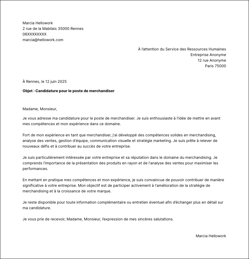 Modèle lettre de motivation Merchandiser Exemple lettre de motivation Merchandiser