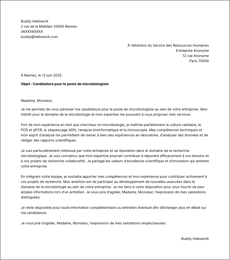 Exemple lettre de motivation Microbiologiste