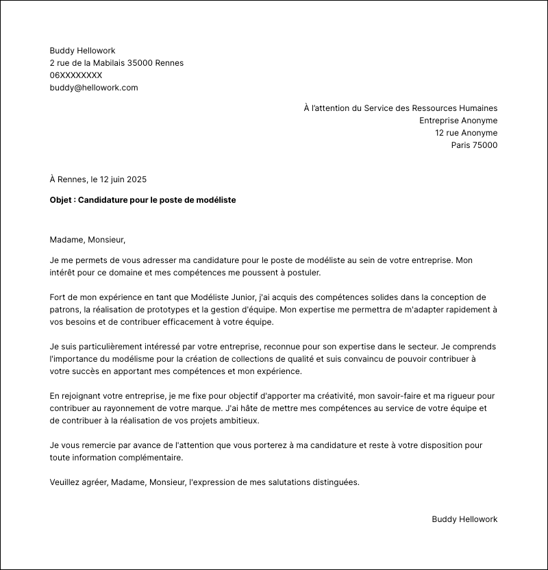 Modèle lettre de motivation Modéliste Exemple lettre de motivation Modéliste