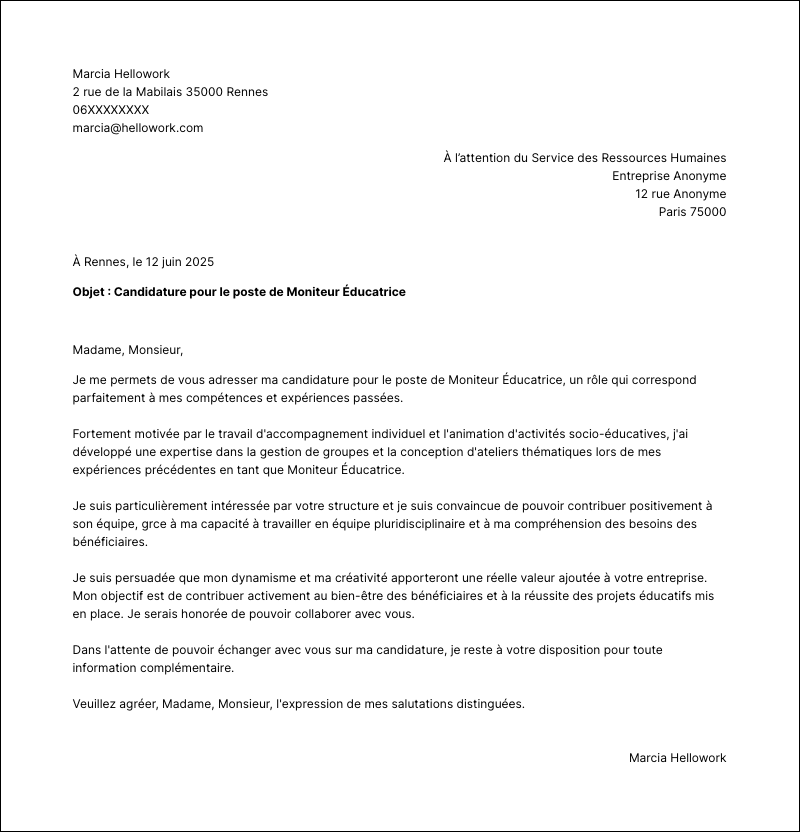 Modèle lettre de motivation Moniteur éducateur Exemple lettre de motivation Moniteur éducateur