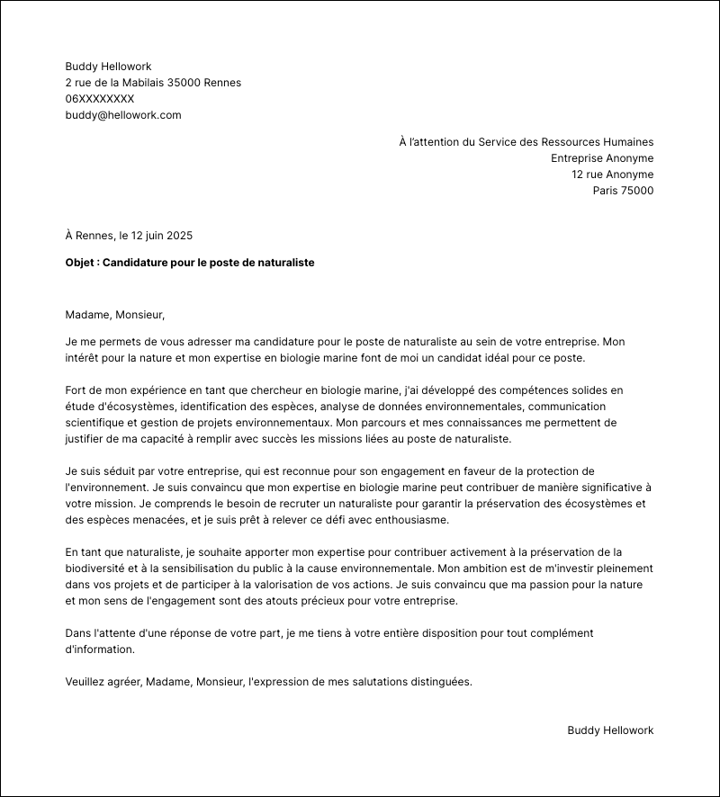 Modèle lettre de motivation Naturaliste Exemple lettre de motivation Naturaliste