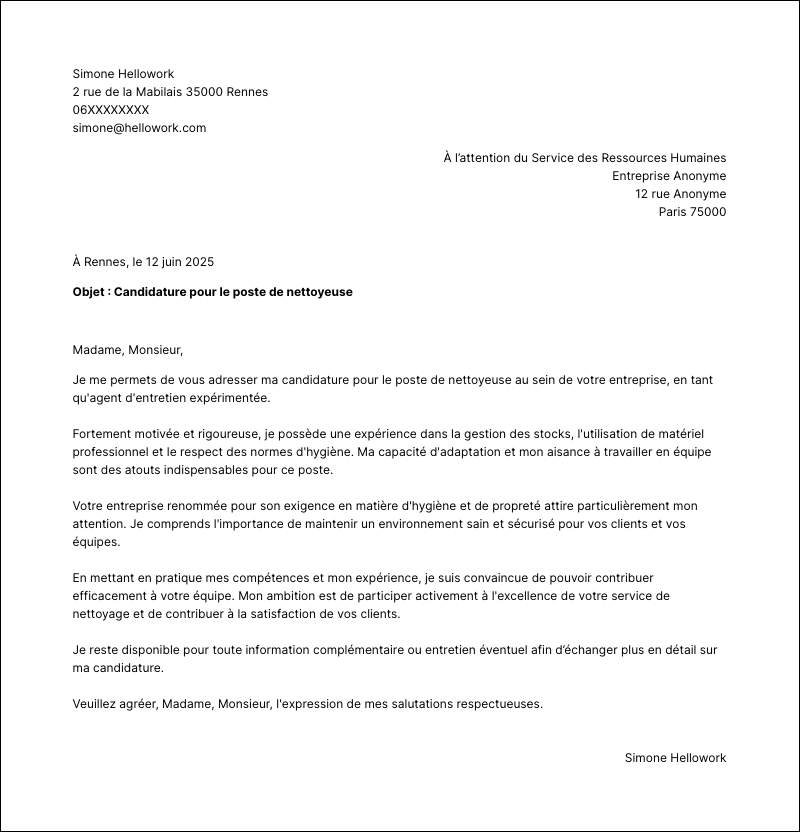 Modèle lettre de motivation Nettoyeur Exemple lettre de motivation Nettoyeur