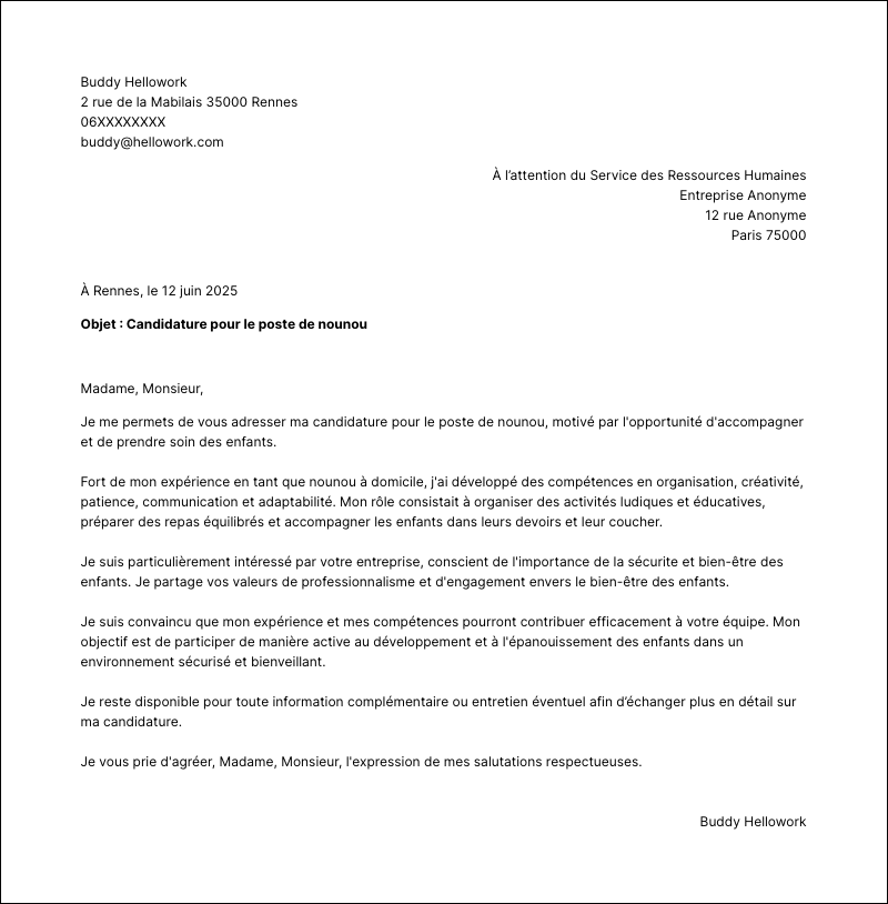 Modèle lettre de motivation Nounou Exemple lettre de motivation Nounou