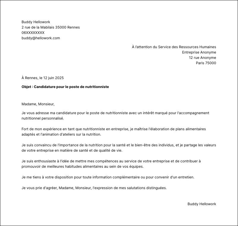 Exemple lettre de motivation Nutritionniste