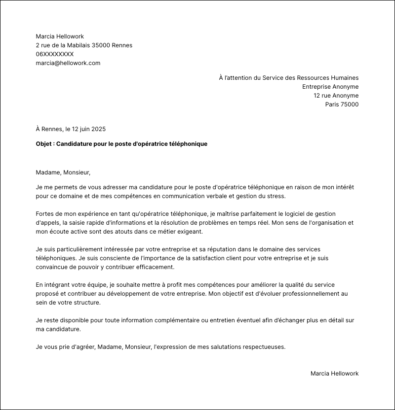 Exemple lettre de motivation Opérateur téléphonique
