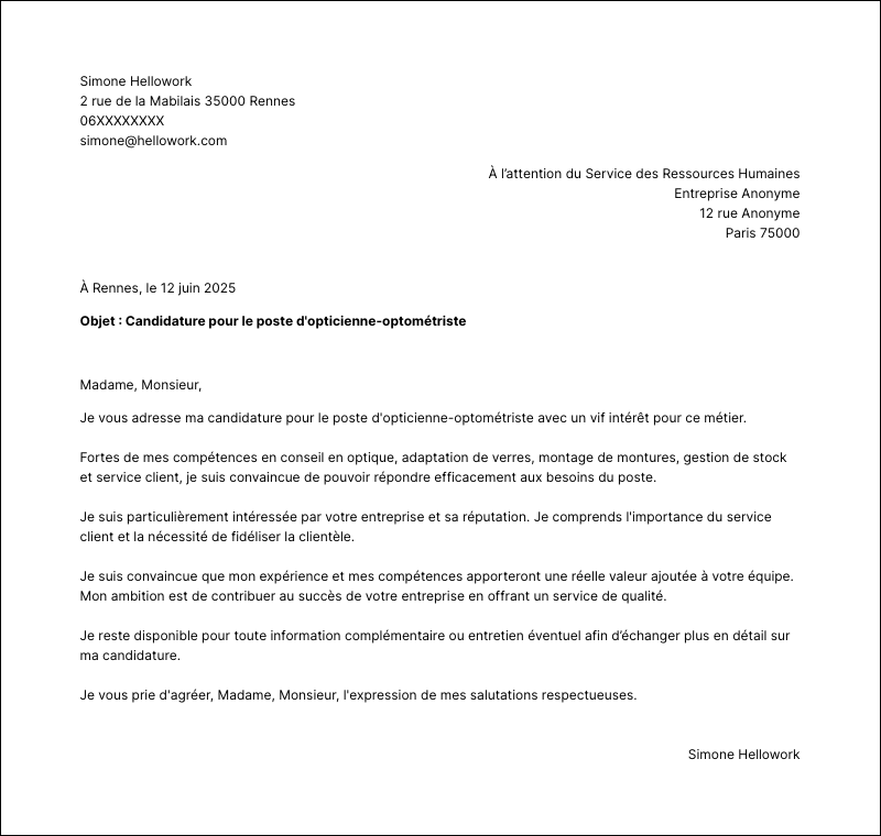 Modèle lettre de motivation Opticien-optométriste Exemple lettre de motivation Opticien-optométriste