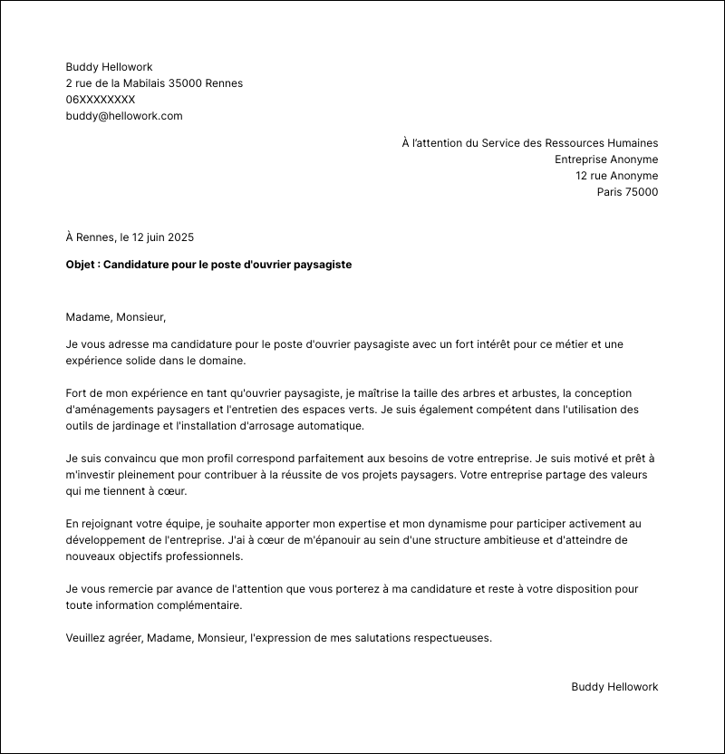 Modèle lettre de motivation Ouvrier paysagiste Exemple lettre de motivation Ouvrier paysagiste