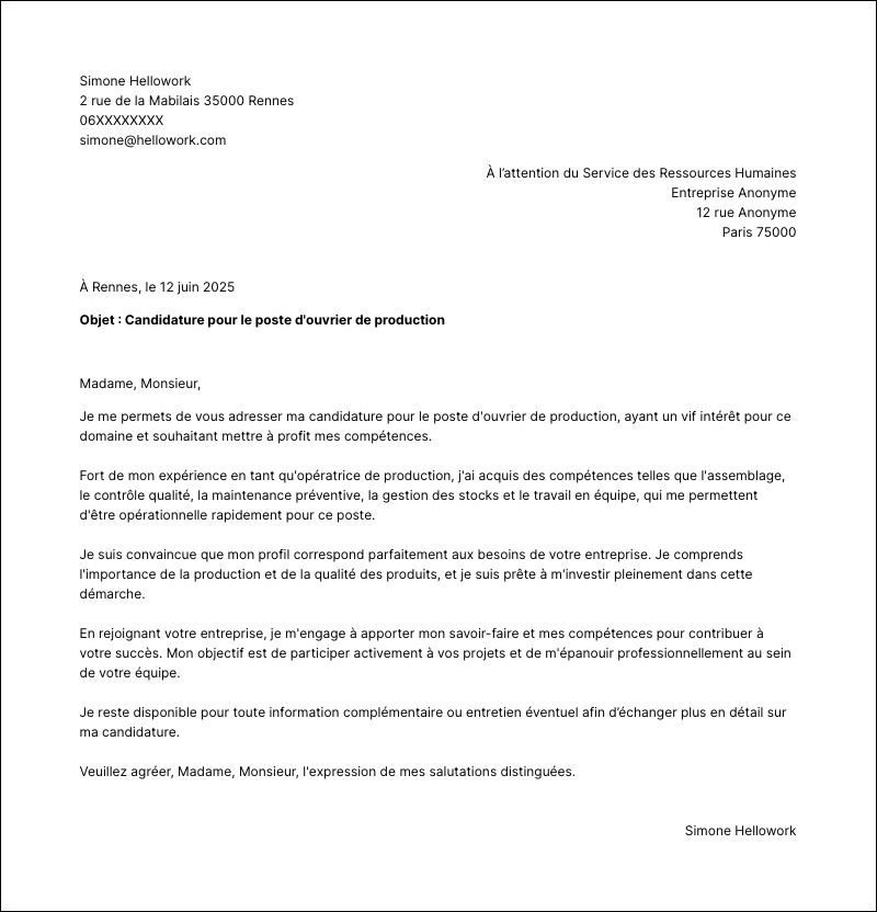 Modèle lettre de motivation Ouvrier de production Exemple lettre de motivation Ouvrier de production