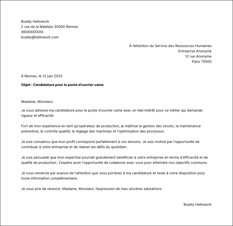 Modèle lettre de motivation Ouvrier usine Exemple lettre de motivation Ouvrier usine