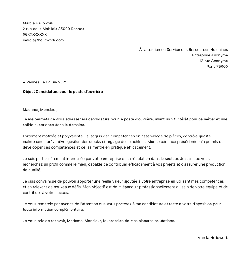 Modèle lettre de motivation Ouvrier Exemple lettre de motivation Ouvrier