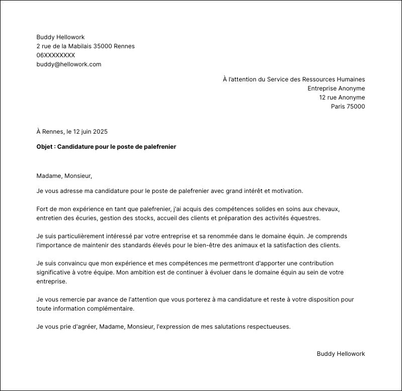 Modèle lettre de motivation Palefrenier Exemple lettre de motivation Palefrenier