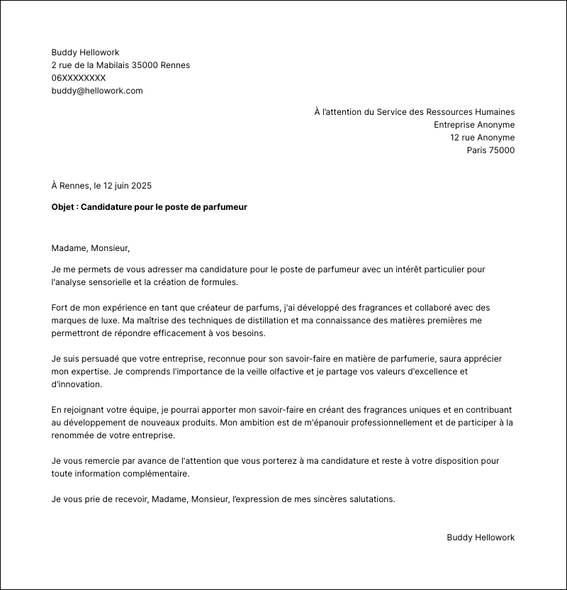 Exemple lettre de motivation Parfumeur