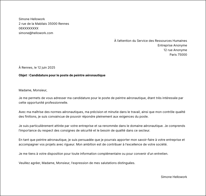 Modèle lettre de motivation Peintre aéronautique Exemple lettre de motivation Peintre aéronautique