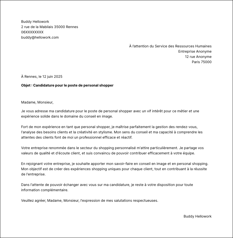 Modèle lettre de motivation Personal shopper Exemple lettre de motivation Personal shopper