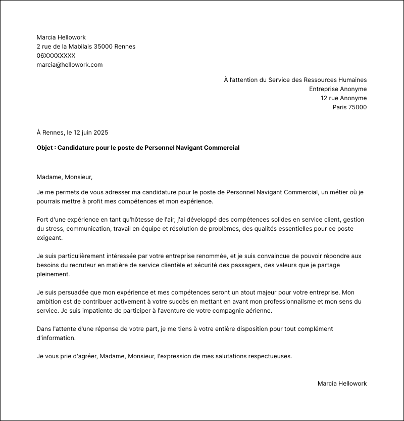 Modèle lettre de motivation Personnel navigant commercial Exemple lettre de motivation Personnel navigant commercial