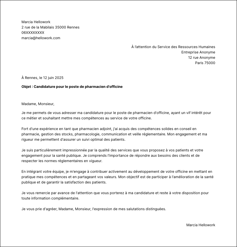 Modèle lettre de motivation Pharmacien d'officine Exemple lettre de motivation Pharmacien d'officine