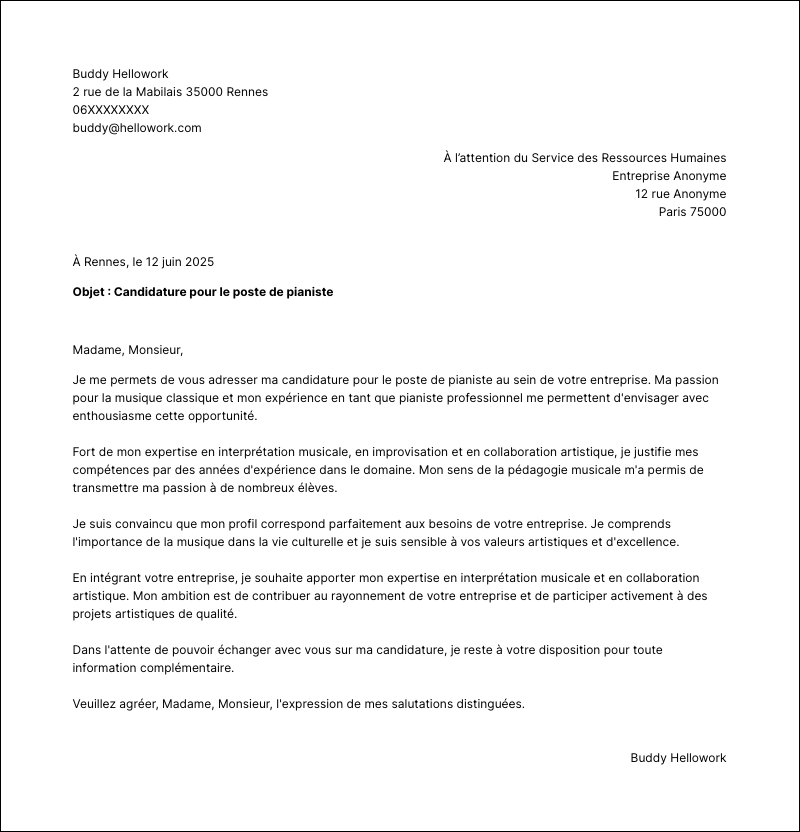 Modèle lettre de motivation Pianiste Exemple lettre de motivation Pianiste