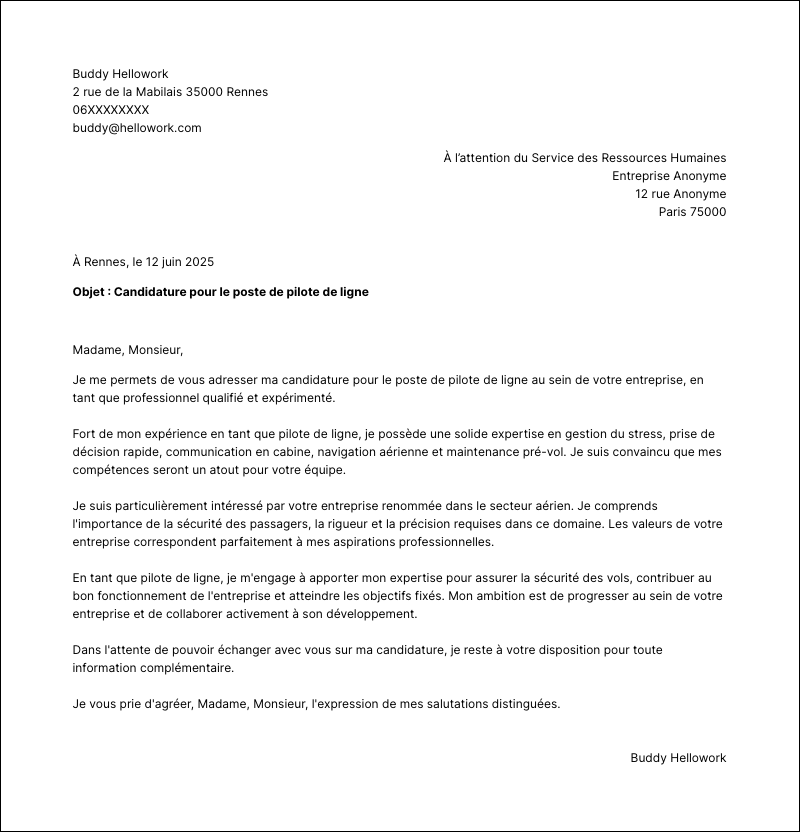 Modèle lettre de motivation Pilote de ligne Exemple lettre de motivation Pilote de ligne