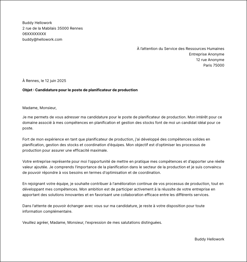 Modèle lettre de motivation Planificateur de production Exemple lettre de motivation Planificateur de production