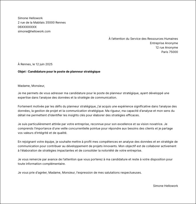 Modèle lettre de motivation Planneur stratégique Exemple lettre de motivation Planneur stratégique
