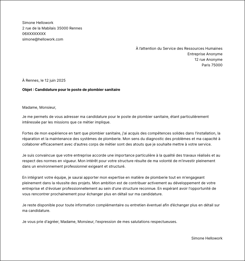 Modèle lettre de motivation Plombier sanitaire Exemple lettre de motivation Plombier sanitaire