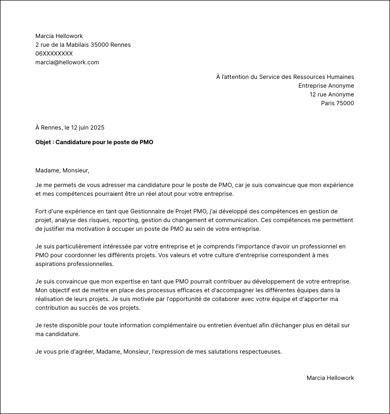 Modèle lettre de motivation PMO Exemple lettre de motivation PMO