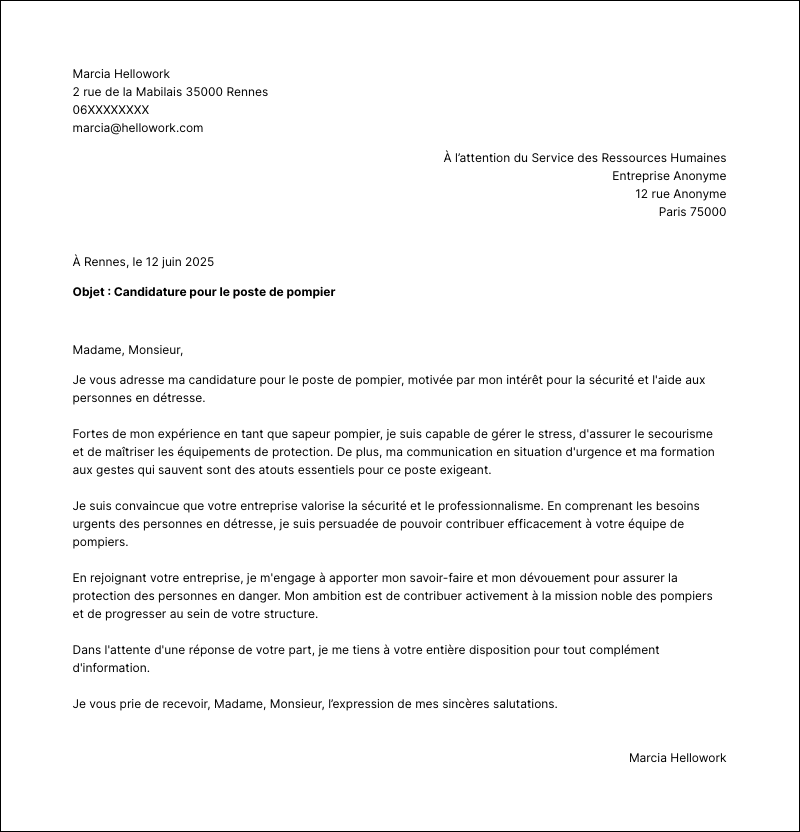 Modèle lettre de motivation Pompier Exemple lettre de motivation Pompier