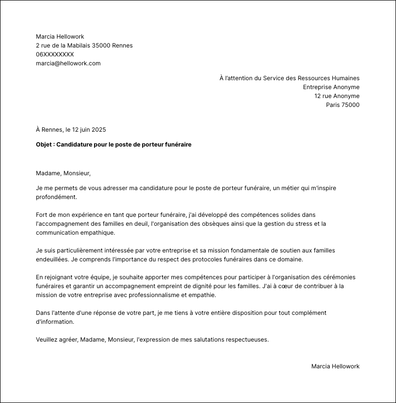 Modèle lettre de motivation Porteur funéraire Exemple lettre de motivation Porteur funéraire