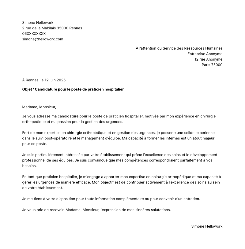 Exemple lettre de motivation Praticien hospitalier