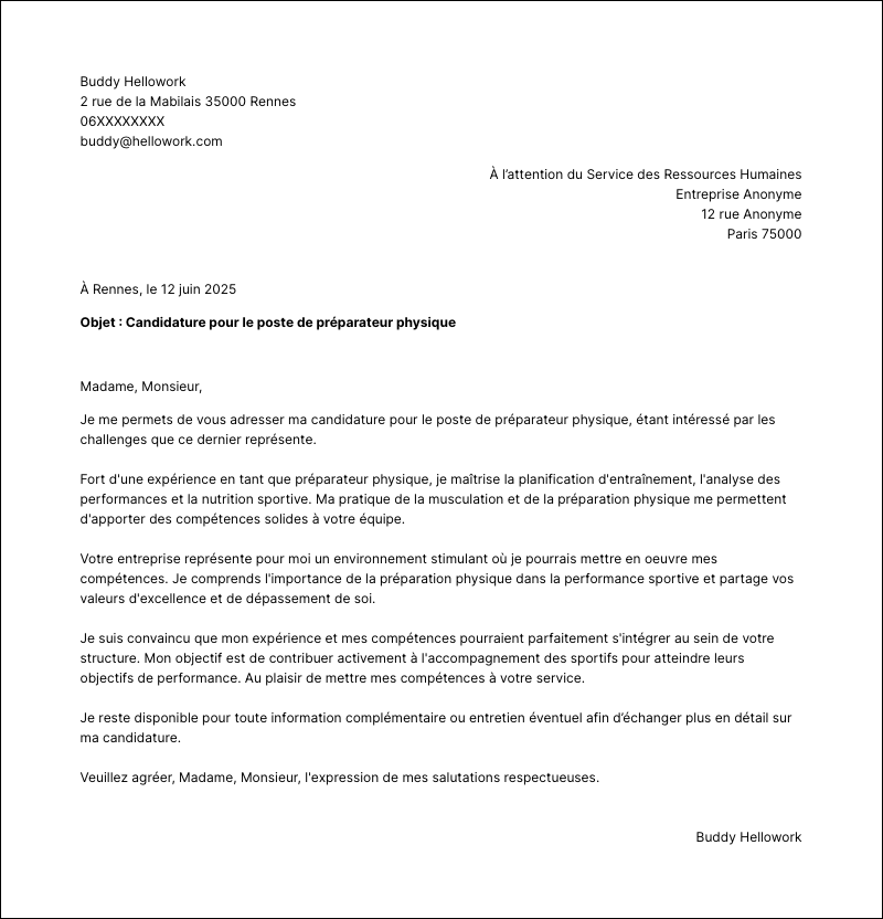 Modèle lettre de motivation Préparateur physique Exemple lettre de motivation Préparateur physique