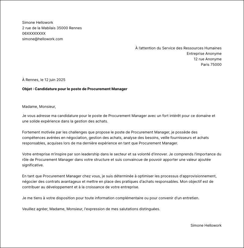 Exemple lettre de motivation Procurement manager