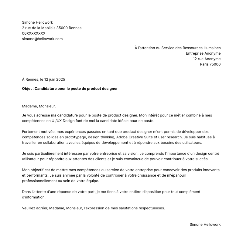 Modèle lettre de motivation Product designer Exemple lettre de motivation Product designer