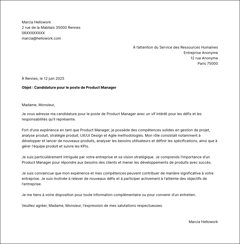 Modèle lettre de motivation Product manager Exemple lettre de motivation Product manager