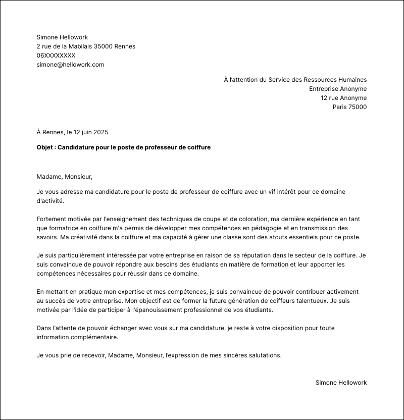 Modèle lettre de motivation Professeur de coiffure Exemple lettre de motivation Professeur de coiffure