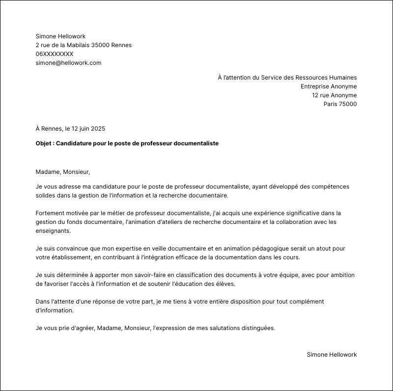 Modèle lettre de motivation Professeur documentaliste Exemple lettre de motivation Professeur documentaliste