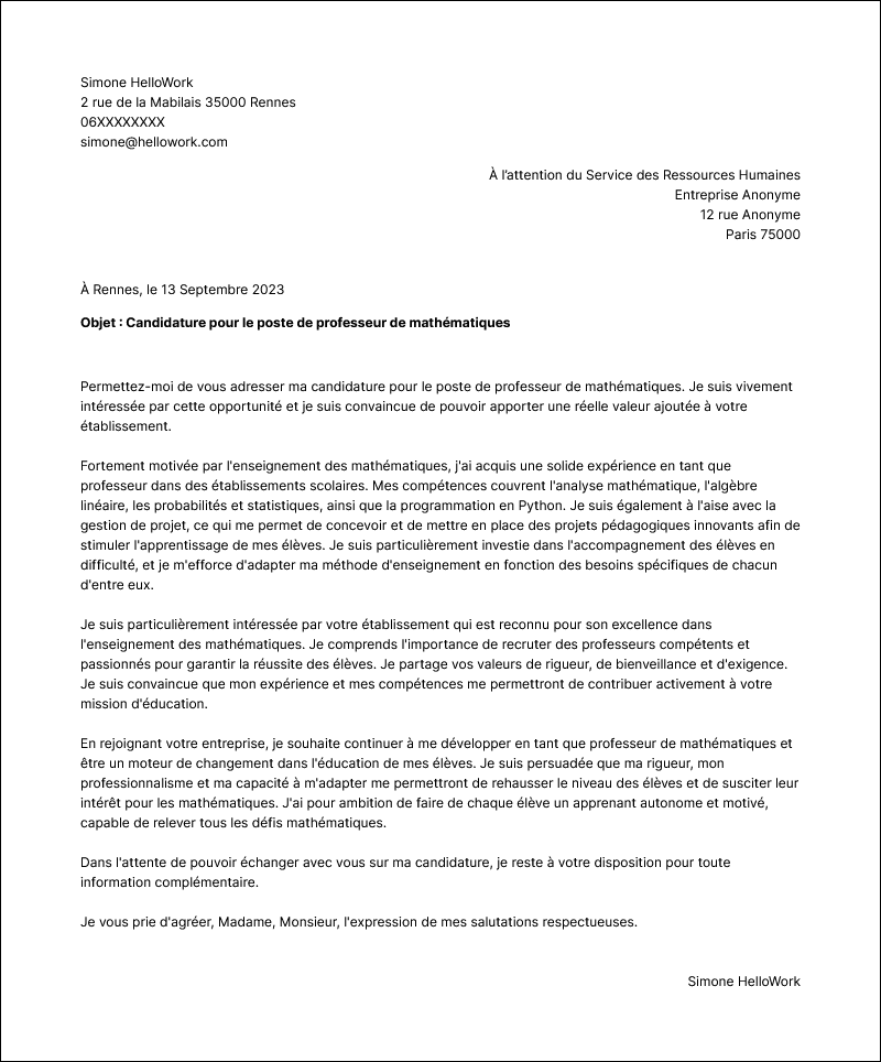 Exemple Lettre de Motivation Prof de maths Hellowork — free download