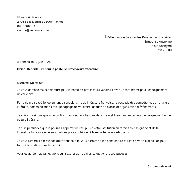 Modèle lettre de motivation Professeur vacataire Exemple lettre de motivation Professeur vacataire