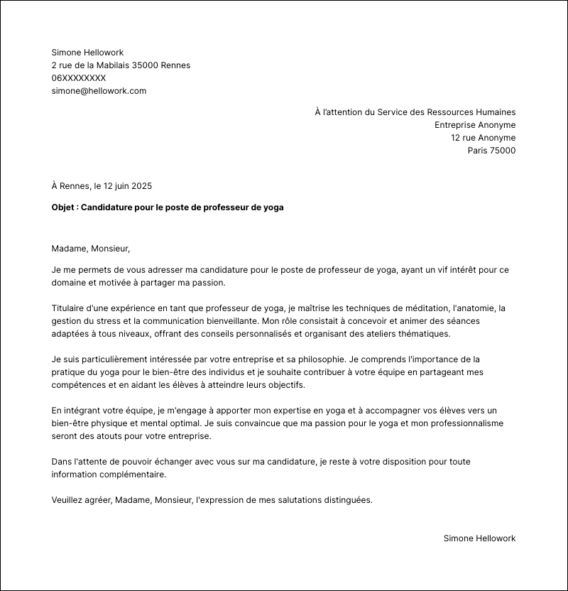 Modèle lettre de motivation Professeur de yoga Exemple lettre de motivation Professeur de yoga