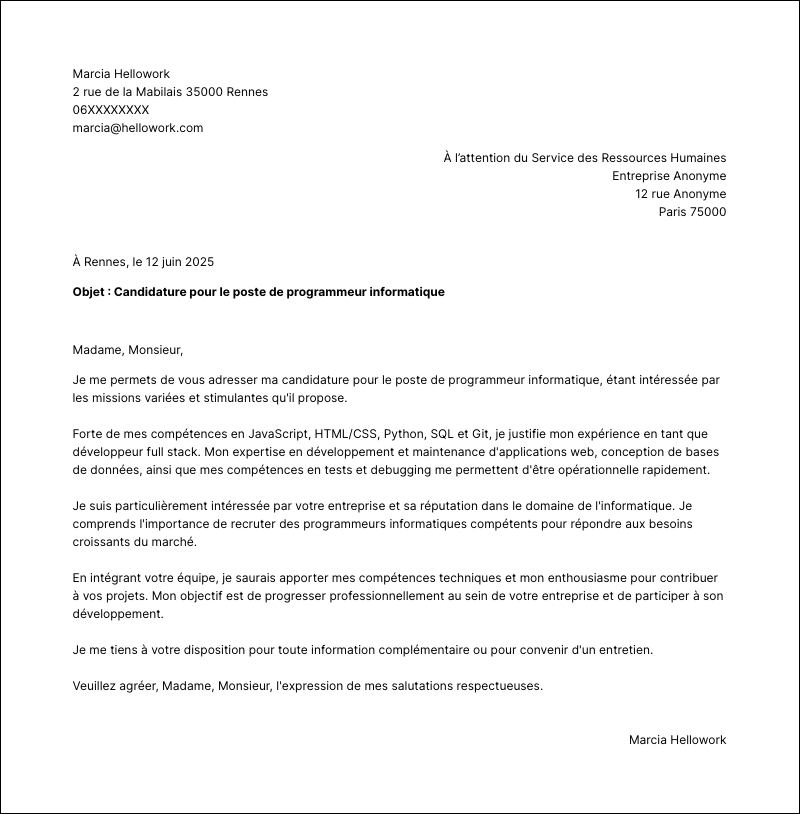 Modèle lettre de motivation Programmeur informatique Exemple lettre de motivation Programmeur informatique