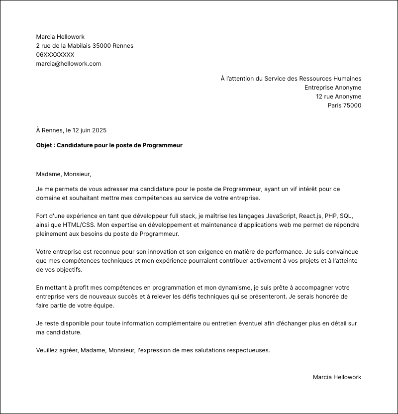 Exemple lettre de motivation Programmeur