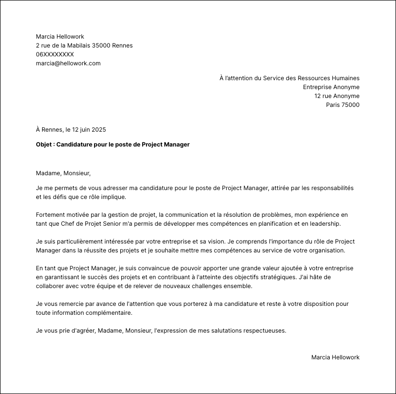 Modèle lettre de motivation Project manager Exemple lettre de motivation Project manager