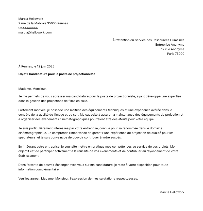 Modèle lettre de motivation Projectionniste Exemple lettre de motivation Projectionniste