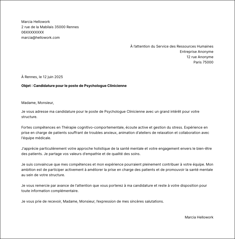 Exemple lettre de motivation Psychologue clinicien