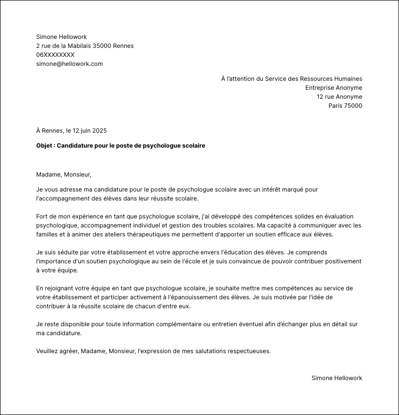 Modèle lettre de motivation Psychologue scolaire Exemple lettre de motivation Psychologue scolaire