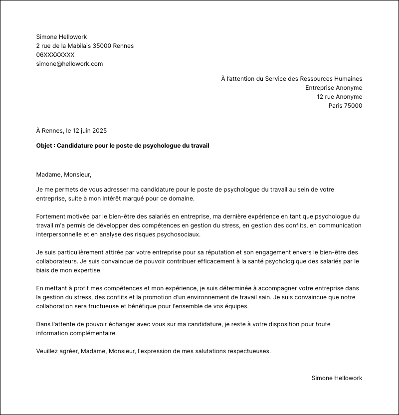 Modèle lettre de motivation Psychologue du travail Exemple lettre de motivation Psychologue du travail
